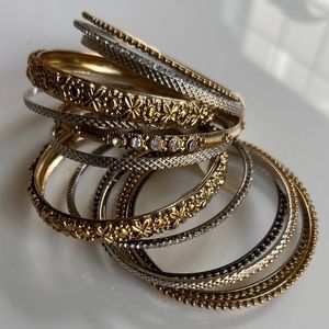 Silver and gold bangle set of 15 of various designs